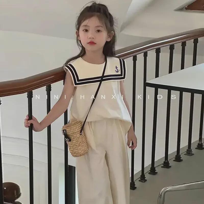 Girls' Sleeveless Navy Collar Top & Wide-Leg Pants Set - Summer Korean Style Casual Fashion
