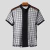 INCERUN Men Short Sleeve Plaid Mesh Sheer Stitching Tops T-shirts