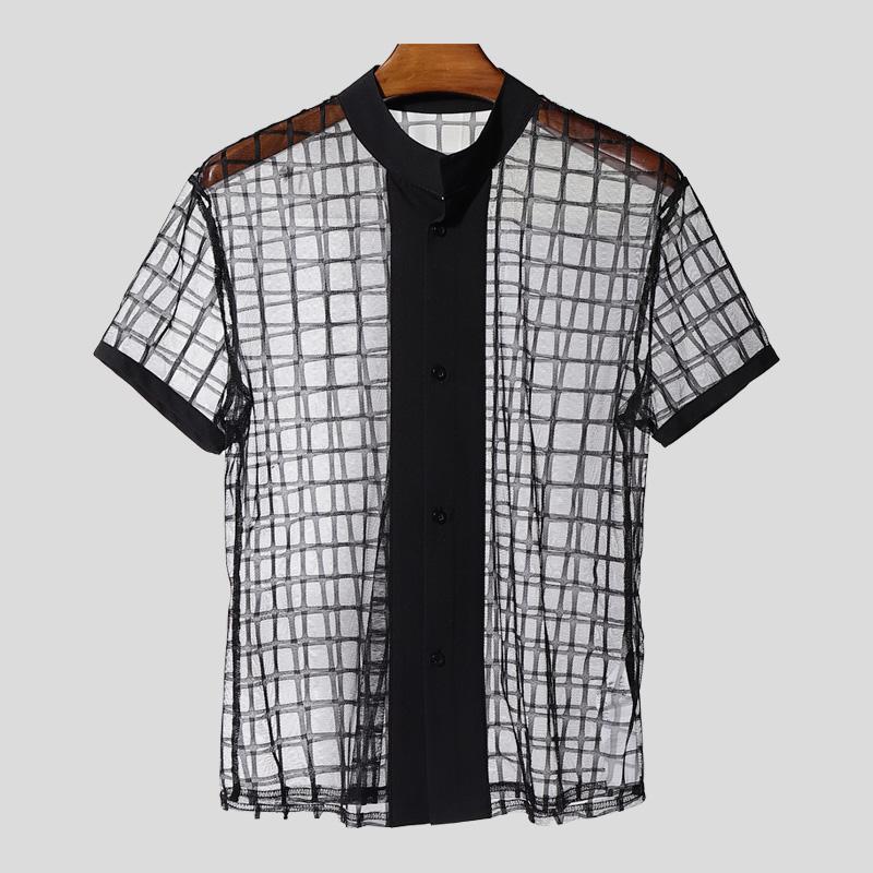 INCERUN Men Short Sleeve Plaid Mesh Sheer Stitching Tops T-shirts