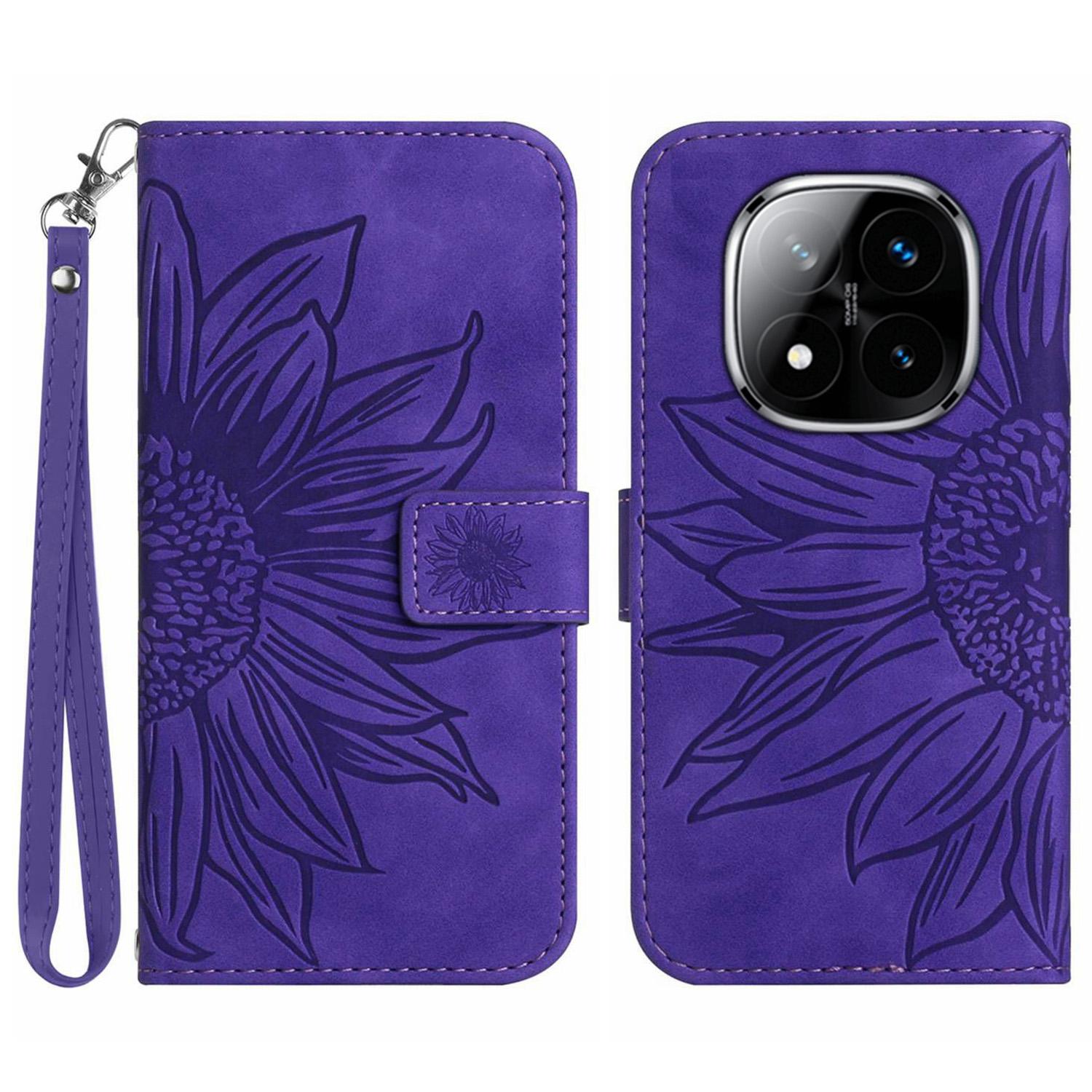 

HT04 For Xiaomi Redmi Note 14 Pro+ 5G/14 Pro 5G/Poco X7 5G Case Sunflower Leather Wallet Phone Cover with Wrist Strap Dark Purple