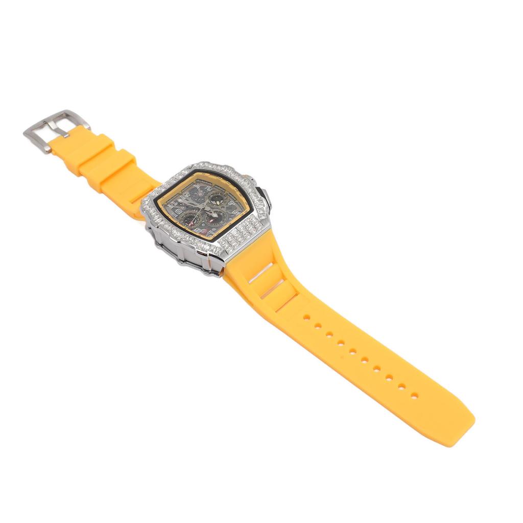 Men Mechanical Watch 30M Waterproof Dial Hollow Automatic Mechanical Wrist Watch with Silicone Strap Silver Yellow