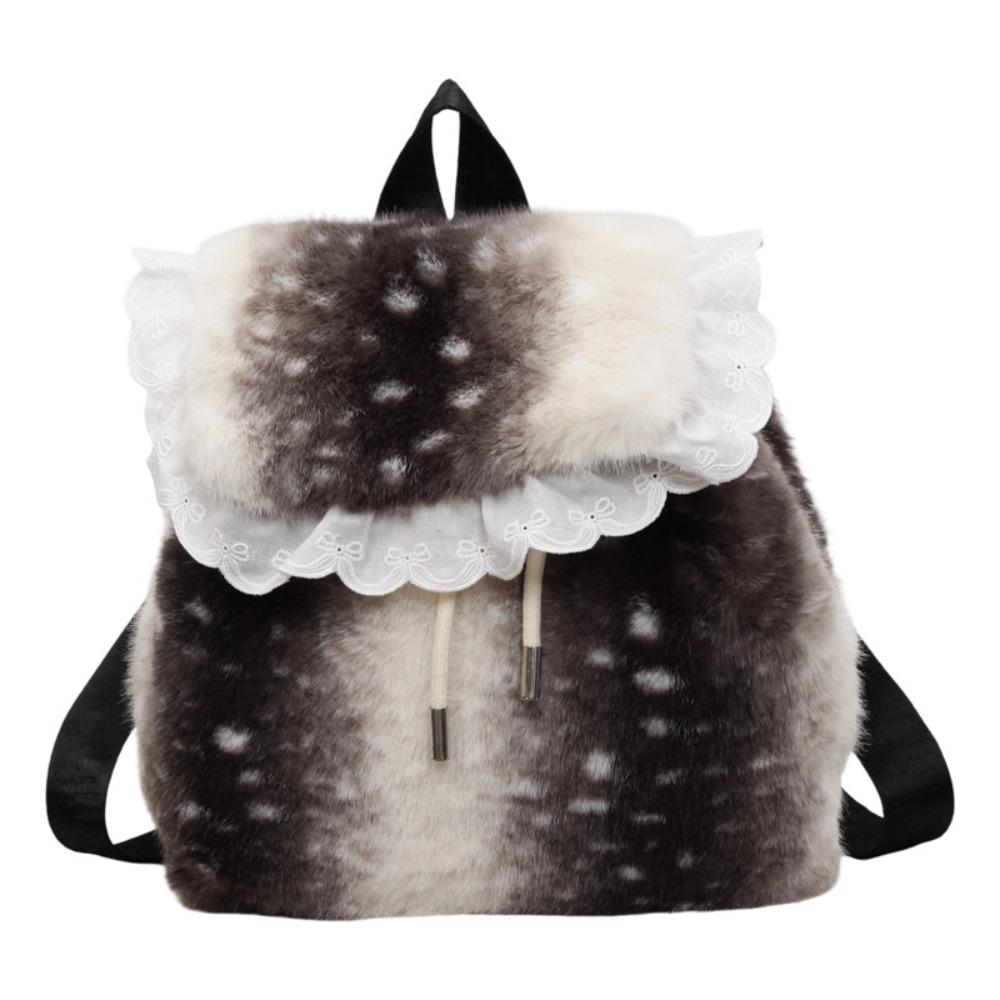 Deer Spot Fluffy Shoulder Bag Soft Plush Backpack Casual Drawstring School Bag Autumn Winter