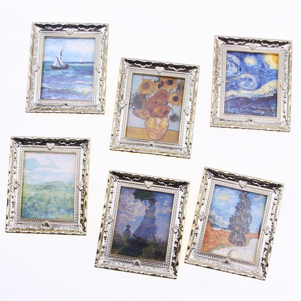Vintage 1:12 Miniature Framed Pos Oil Painting Toys Doll Accessories Dollhouse Ornament Mural Wall Picture Miniaturas Casa