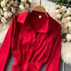Spring French Design Sense Elegant Shirt Women Aesthetic Elastic Belt Waist Slim Short Blouse Female New Fashion Solid Retro Shirt Joker