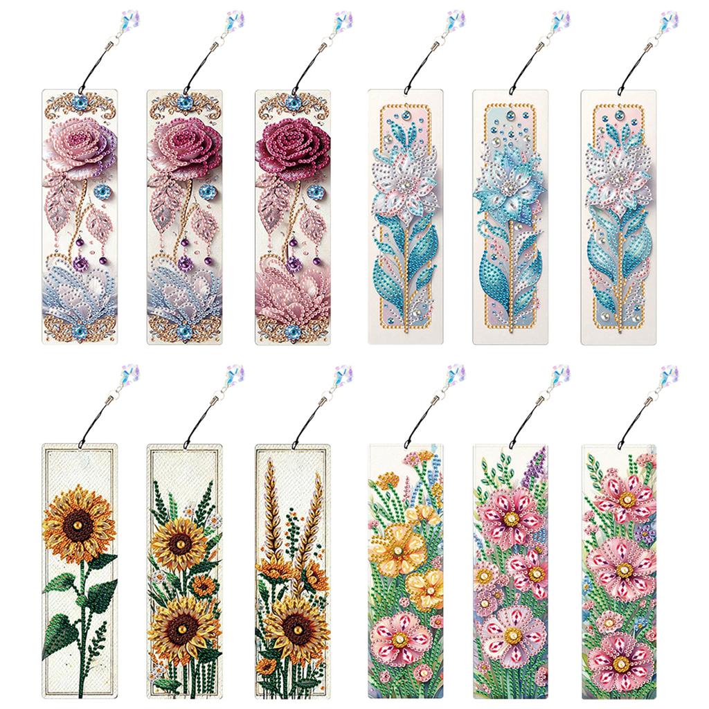 12Pcs Flower Animal DIY Diamond Painting Bookmark with Crystal Pendant Diamond Art Bookmark for Book Lovers Beginners & Adults