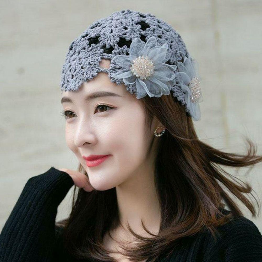 Blumen Baskenmütze Mütze Spitze Skullies Hut Atmungsaktive Strickmütze für Frauen