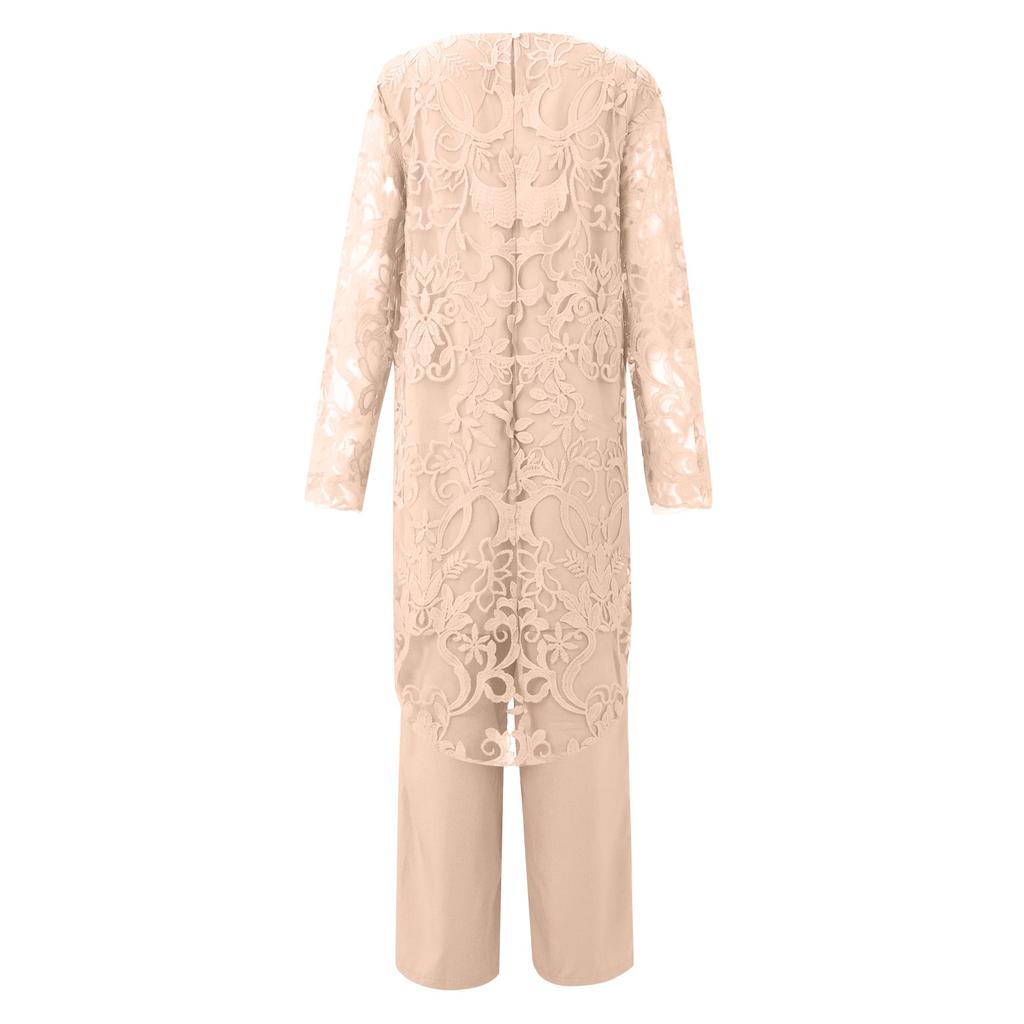 Women's Fashion Casual Lace Split Long Sleeve Pants Solid Color Leggings Set