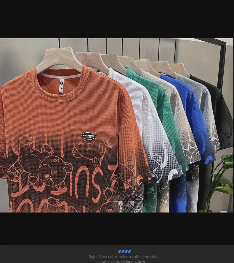 Pánská letní vaflová sada s krátkým rukávem a šortkami: M-5XL Volný ležérní dvoudílný sportovní outfit.