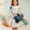 Girls High Neck Long Sleeve Printed Furry Trim Bow Waist A Line Flared Dress