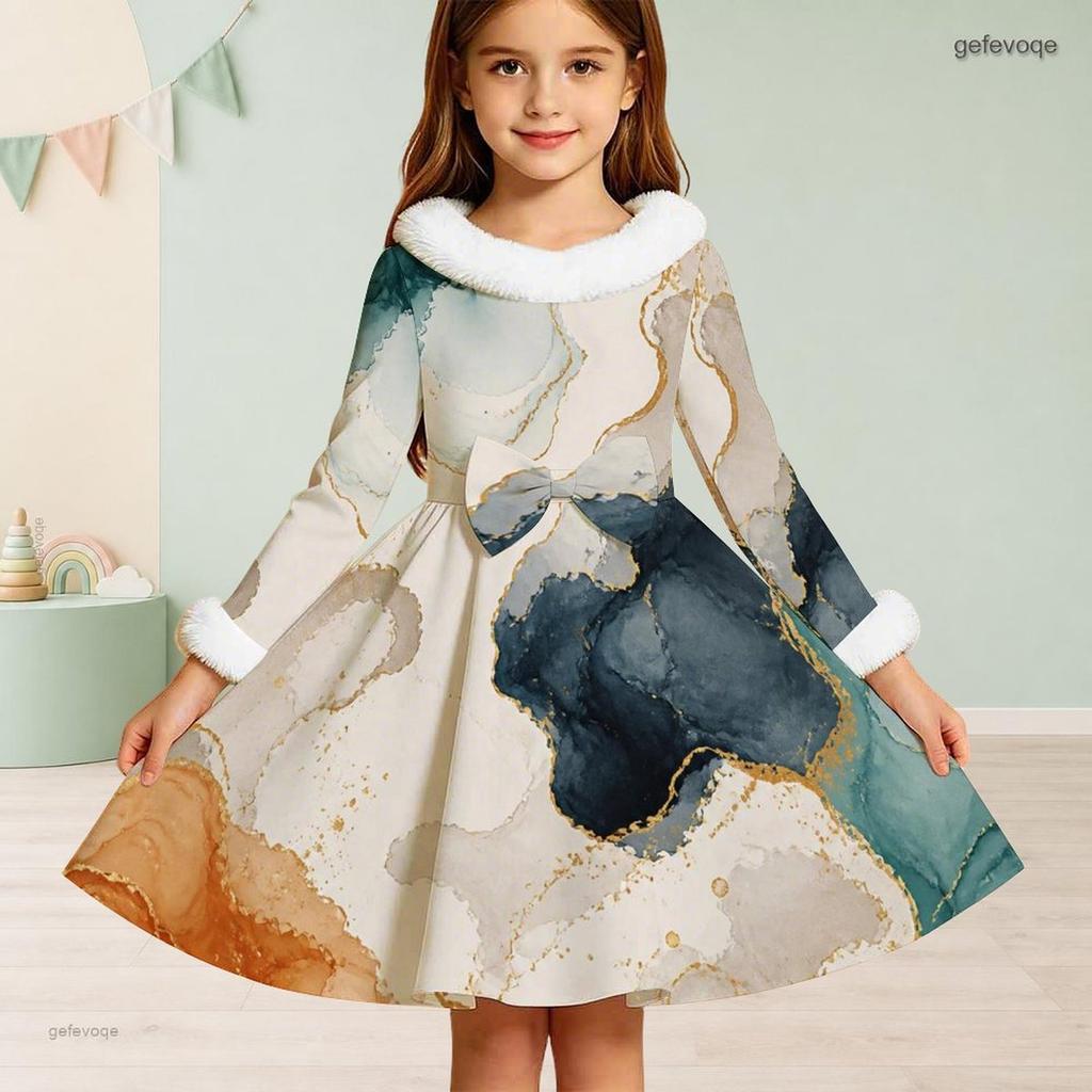 Girls High Neck Long Sleeve Printed Dress Furry Trim Bow A Line Flared Hem