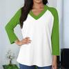 Damen lässiges und modisches Patchwork V-Ausschnitt Oberteil mit Dreiviertelärmel