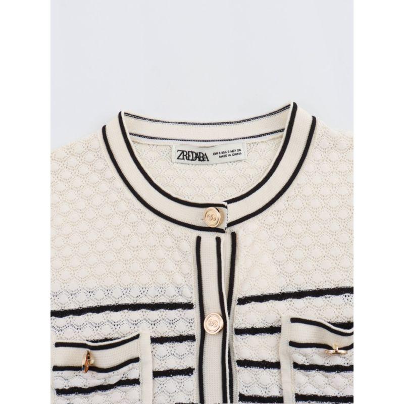 Kaslead New Arrival Women's Clothing Fashion Style Striped Short Style Hair Knitwear Tops Skirt Suit