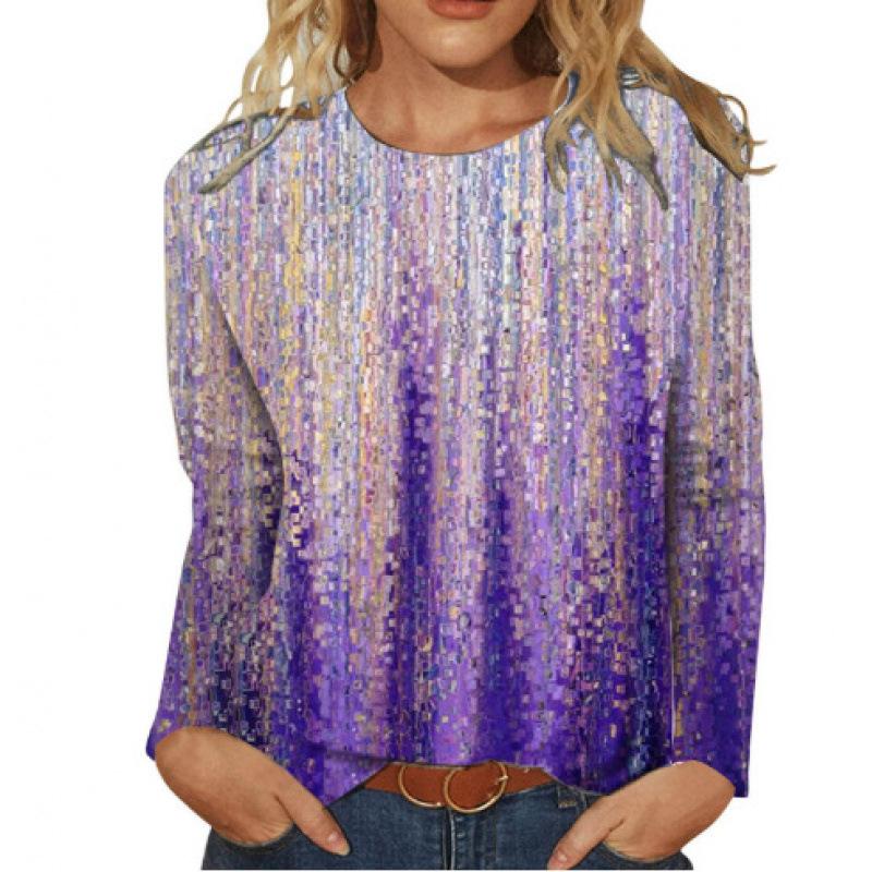 New Women's Round Neck Long Sleeve Loose Printed T-Shirt Ladies Top