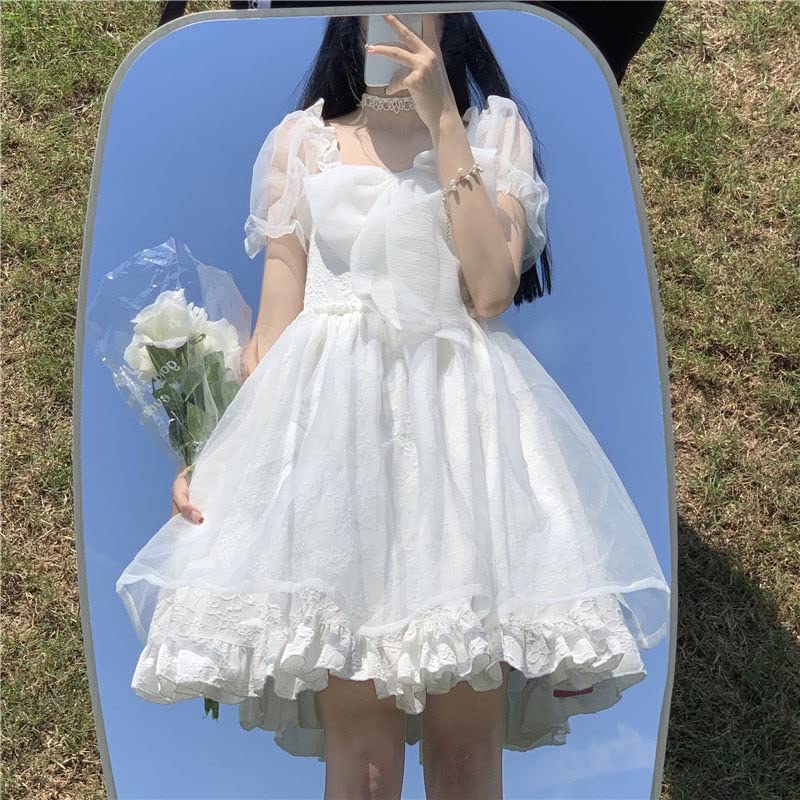 Lady Lazy Lolita Gothic Lolita Short Sleeve Chiffon Dress with Above the Cosplay Ribbon, Knee, (Size L, White)