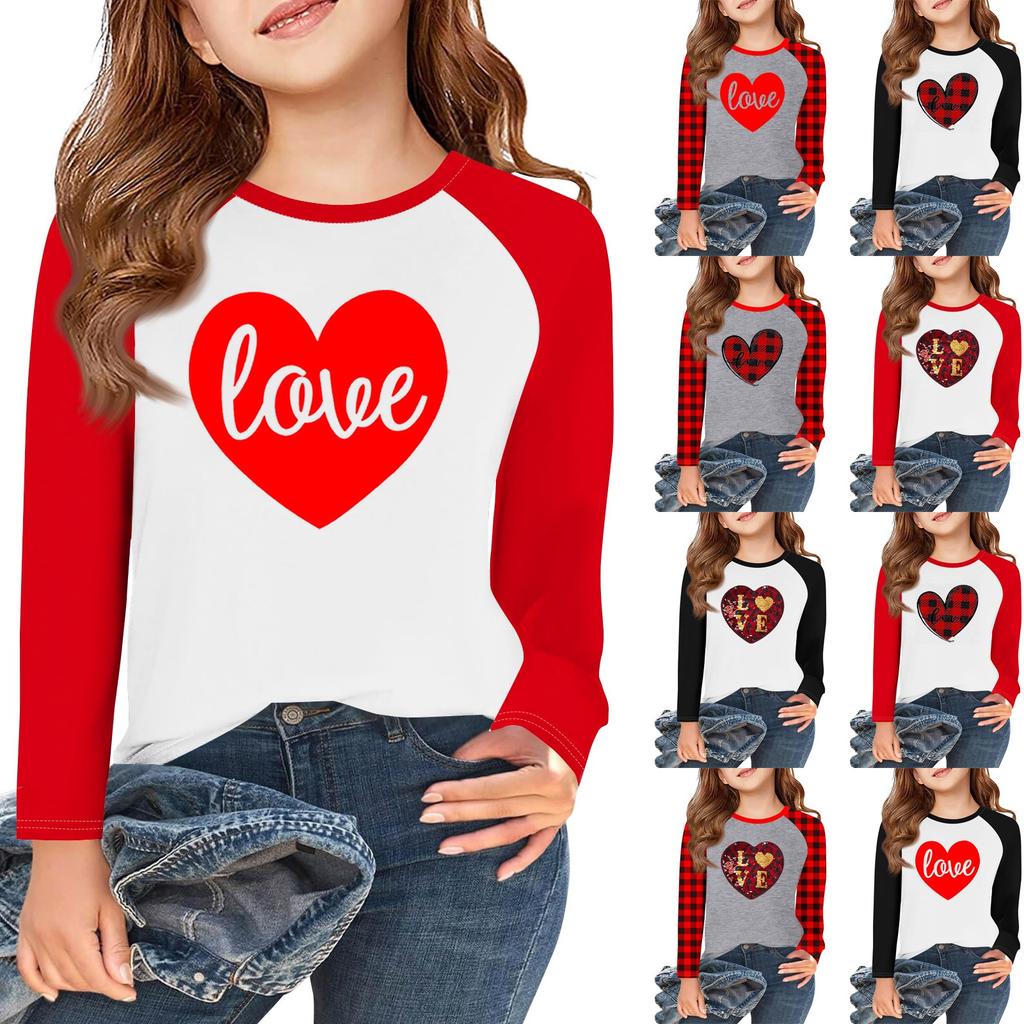 Dívčí trička s dlouhým rukávem Love na Valentýna Dětské podzimní topy Kulatý výstřih Základní trička 5-14 let