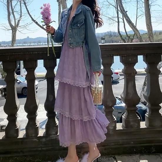 Women Sling Dress V-Neck Sleeveless Multi Layer Lace Splicing Design Maxi Dress Solid Color