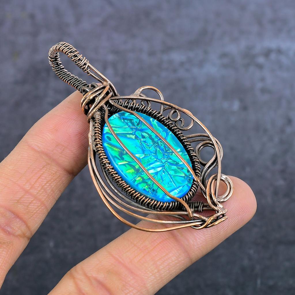Natural Blue Triplet Opal Gemstone Copper Eire Wrap Jewelry Pendant 2.84" K9J46
