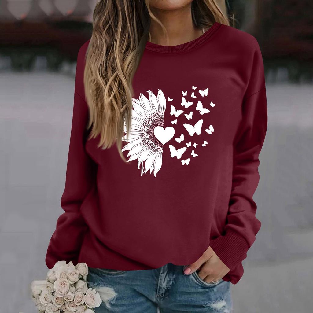 Damenmode Lässig Langarm Einfarbig Bedruckt Rundhals Oberteil Sweatshirt