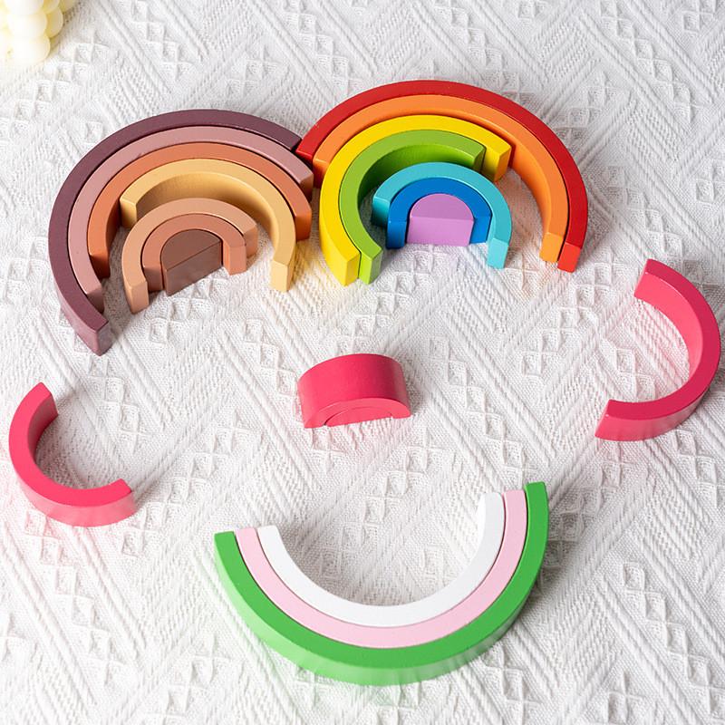 Wooden Children Rainbow Arch Building Blocks Set With Multi Color Tiles For Toddler Education