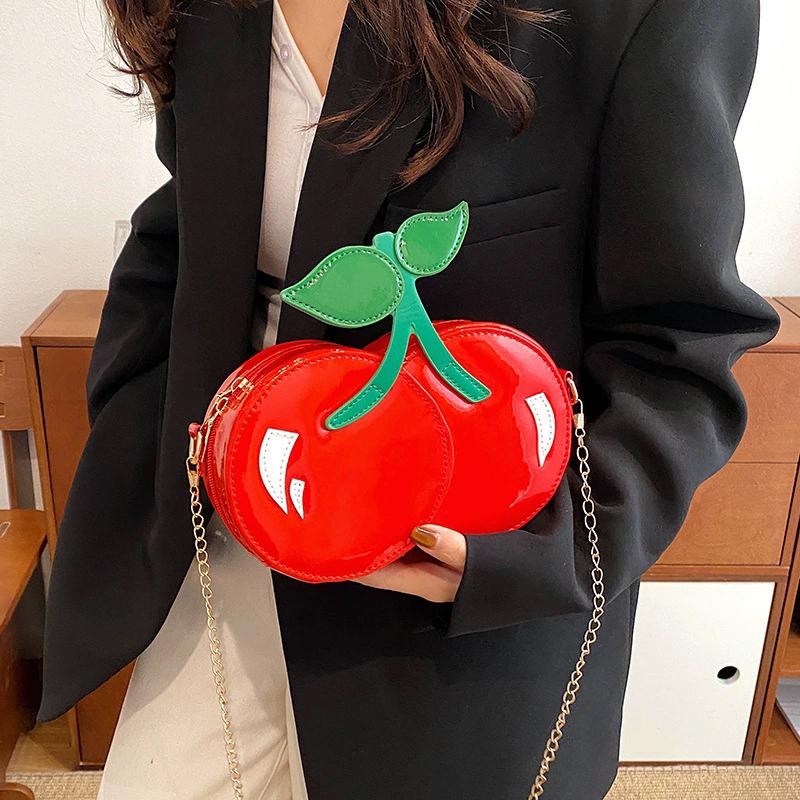 Women's Funny Cherry Shape Shoulder Crossbody Bag Cute Personalized Chain Design Small Purse and Handbag AVE