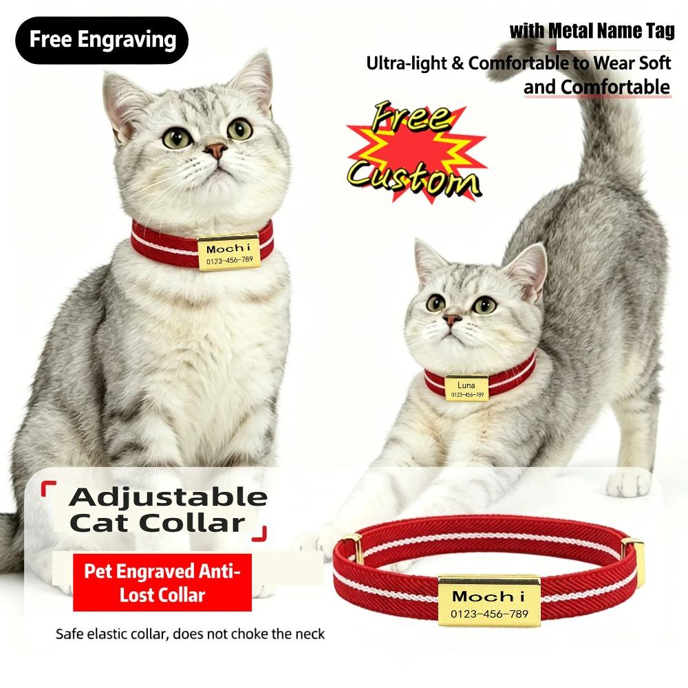 Personalized Customized Cat Collar with Metal Name Tag Pet ID Anti-lost Breakaway Elastic Small Dog Kitten Striped Cute Necklace