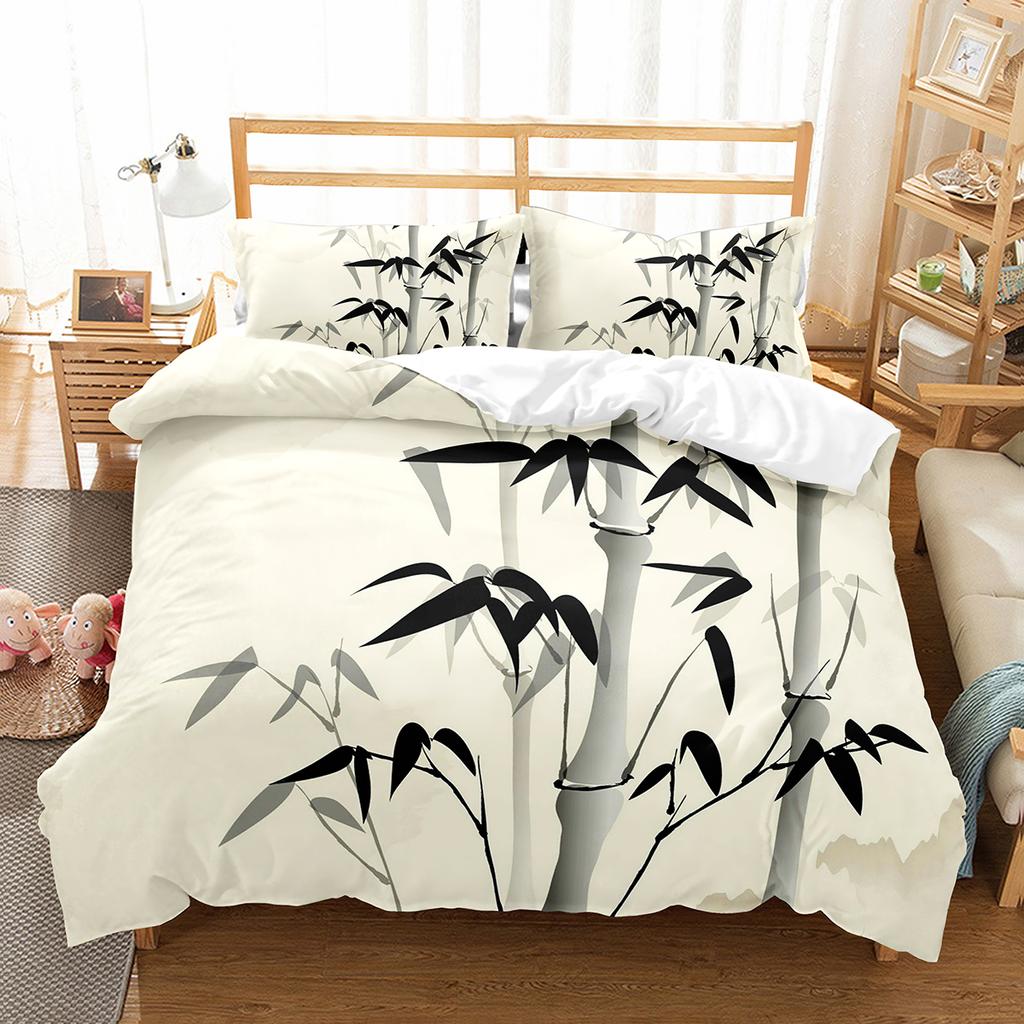 Bambus Dynetrekksett Tusjmaling Svart Grønn Bambus Polyester Dynetrekk King Queen Size For Barn Gutter Jenter Sengetøysett