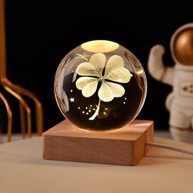 Remote Control Crystal Ball Night Light with Wooden Base – 3D Carving Luminous Glass Ornament, Perfect for Birthdays.