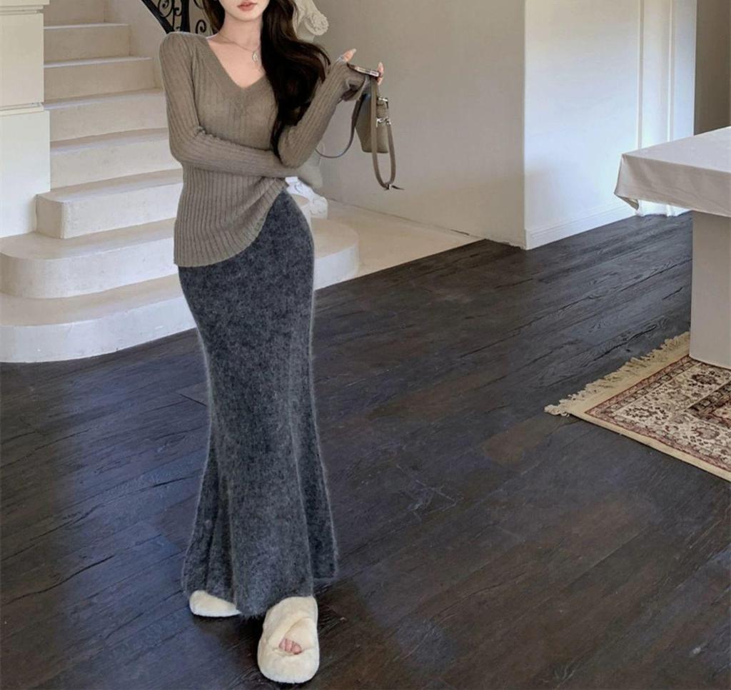 Pure Desire Vibe Sexy V-Ausschnitt Damen Strickoberteil mit ausgestellten Ärmeln - Herbst Winter Y2K Stil Pullover