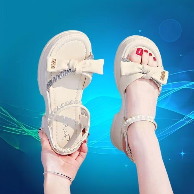 2025 new summer sandals for women are comfortable to wear, thick-soled soft-soled with skirts, bows, Roman beach shoes for women