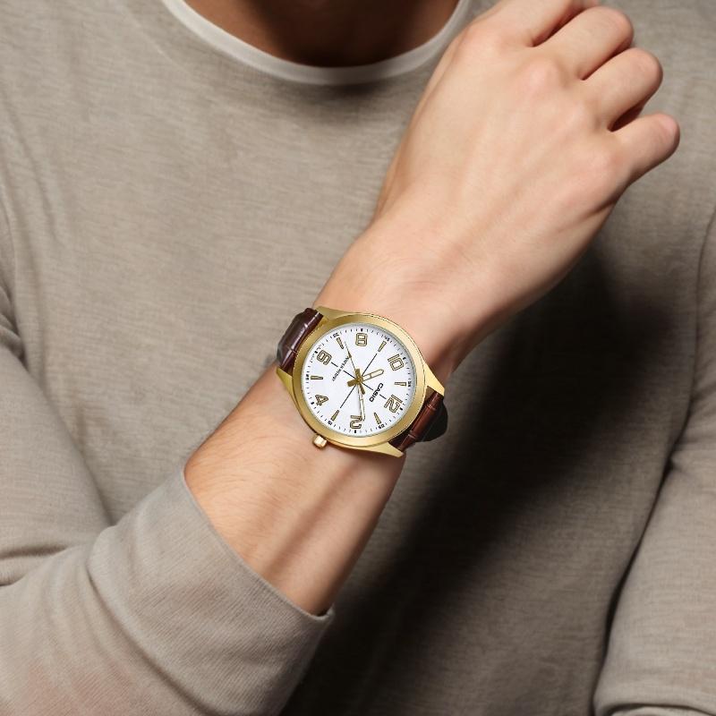 Casio 30 Meters Waterproof Quartz Movement Leather Strap Japanese and Korean Watch Men's Watch White Dial MTP-VX01GL-7B