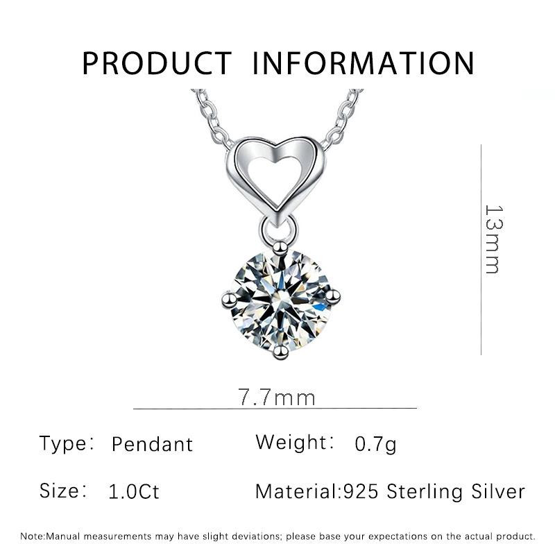 S925 Sterling Silver Moissanite Heart Pendant Necklace for Women - 1 Carat Classic Clavicle Chain