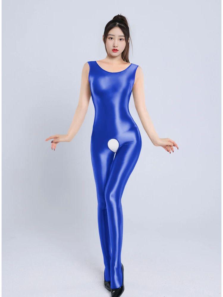 M Xl Unisex Sleeveless Shiny Bodystocking Catsuit Close Open Crotch Bodysuit Tights Sexy Transparent Leotard Conjoined Lingerie