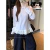 Kumikumi Sweet Style White Lace Hem Long Sleeves Shirt Women Autumn Chic Age-Reducing Slimming Versatile Top