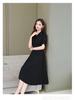 Women's Spring Solid Color Polo Neck Dress - Waist-Cinched, Elegant Style, Plus Size, Long Sleeve, Mid-Length, A-line Skirt.