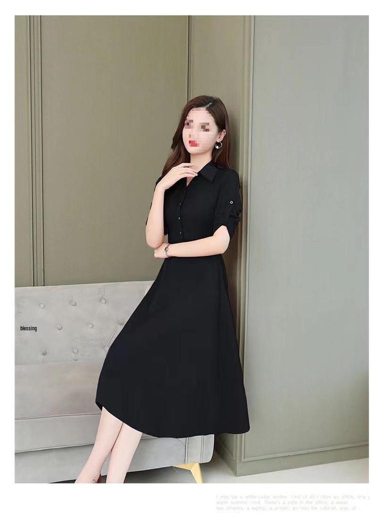 Women's Spring Solid Color Polo Neck Dress - Waist-Cinched, Elegant Style, Plus Size, Long Sleeve, Mid-Length, A-line Skirt.