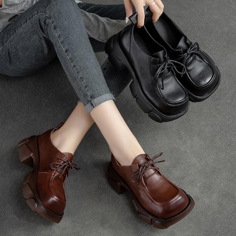 Shanghai Retro Platform Thick Sole Lace-Up Women's Loafers - Versatile, Fashionable, Height Increasing Cowhide Shoes