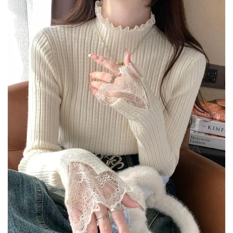 Rollkragen Skinny Elastisch Gestricktes Hemd Damen Pullover Pullover Oberteile Frühling Herbst Damen Langarm Strick Patctwork Spitze Hemden