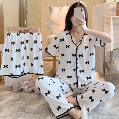 Pijama de Manga Curta Três Peças Versão Coreana de Cardigan Doce e Fofo Roupa de Descanso Feminina