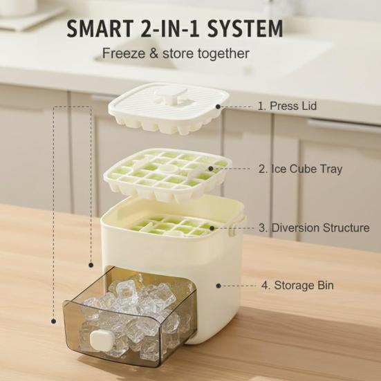 48 Cube Ice Maker with Easy Push Release Lid Ice Bin Built-in Storage Box Ice Cube Tray for Whiskey Cocktails Coffee Beverages