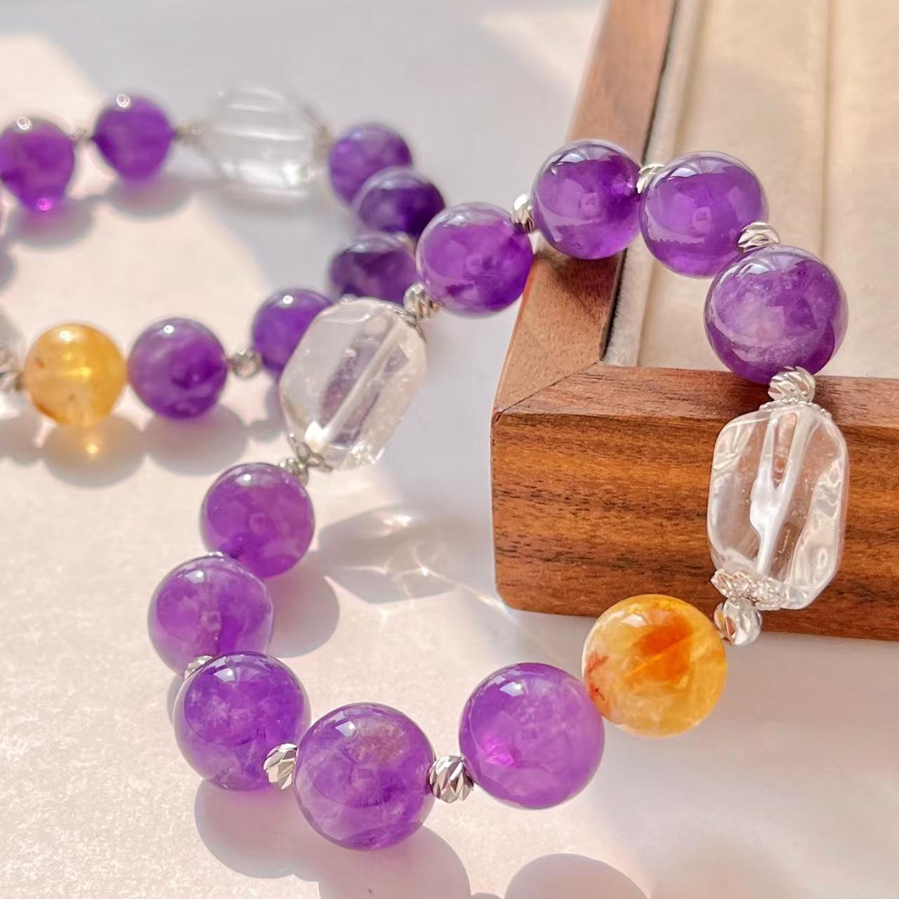 12Mm Natural Amethyst White Crystal Citrine Bracelet Bracelet