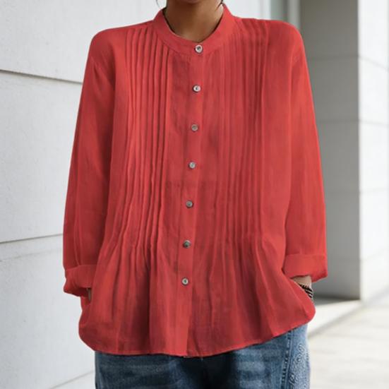 Women Shirt Pure Color Stand Collar Long Sleeve Single-Breasted Button Casual Tops Work