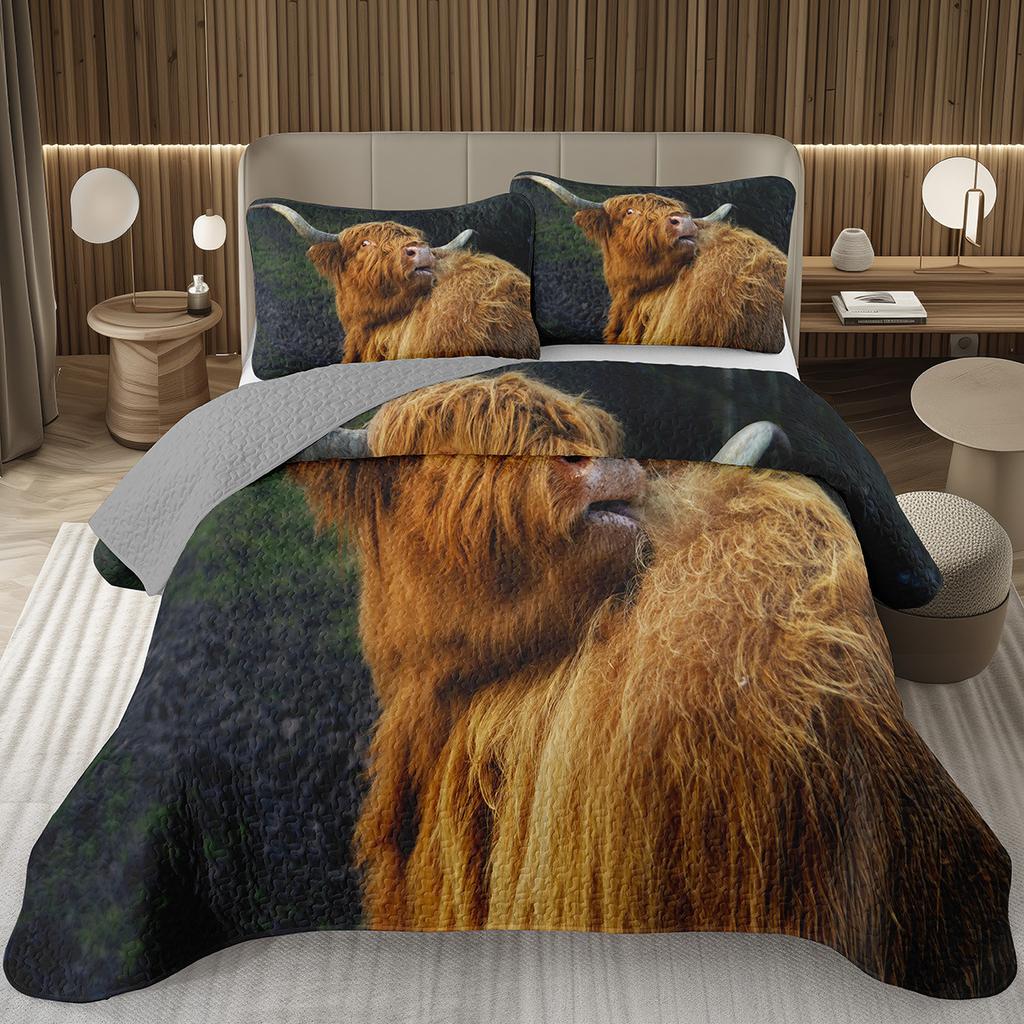 Hochlandkuh Tagesdecke Twin/King Bauernhoftier Stier Rind Überwurf Rustikaler Landhausstil Gestepptes Bettwäscheset Wendbare Tagesdecken