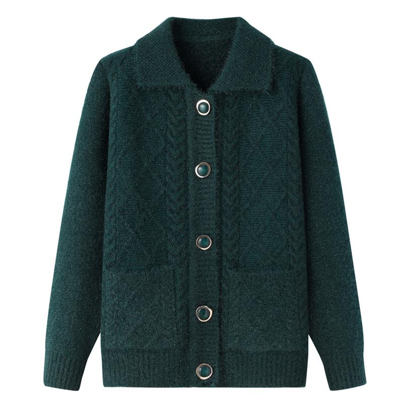 Women's Spring and Autumn Lapel Knitted Jacket Middle-aged and Elderly Solid Color Comfortable Casual Sweater