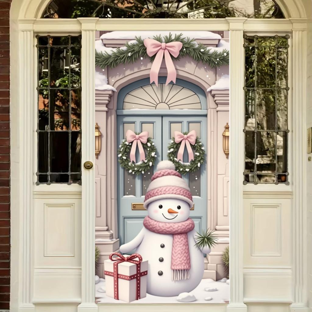 Pink Snowman Linings For Christmas Doors Xmas Door Cover Outdoor Garden Front Door Decoration New Year 2025 Xmas Party Supplies
