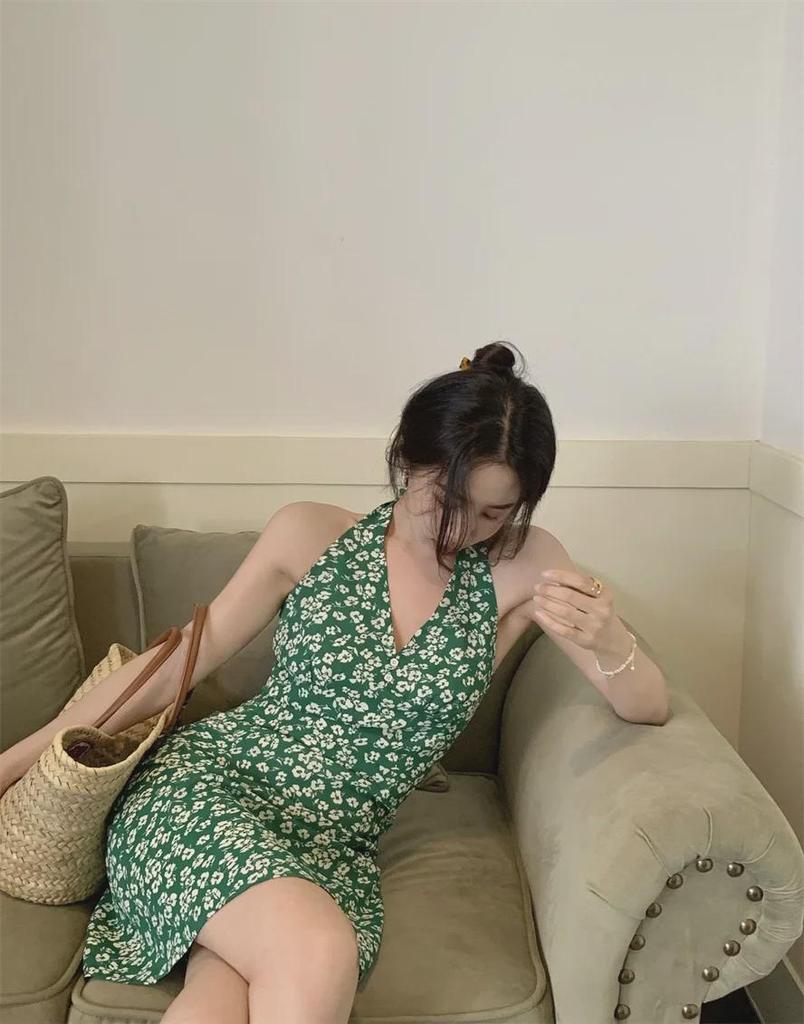 Retro Hong Kong Stil V-Ausschnitt Blumen Neckholder A-Linien Kurzkleid