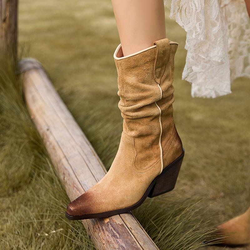 Fashion 2024 New Autumn/Winter Women Boots Genuine Leather Women Shoes Pointed Toe Chunky Heel Modern Cow Suede Western Boots