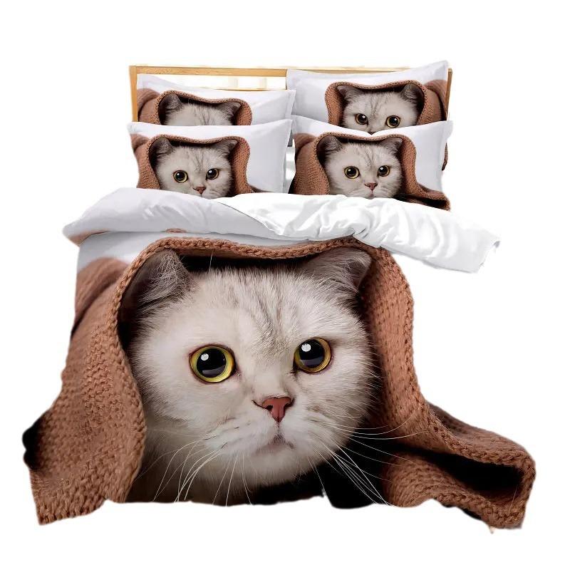 Cute Pet Cat 3D Printing Digital Three-Piece Quilt Cover Sheet Pillowcase Kit