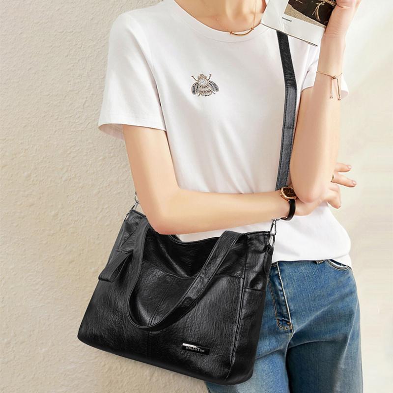 Women Vintage Soft Leather Tote Shoulder Bag Large Capacity Casual Daily Handbag with Detachable Wide Crossbody Strap Multi Pockets Commute Shopping