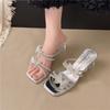 Fairy Style Fashion Rhinestone Bow Slippers Female Summer Wear Thick Heel Sandals 2025 New Comfortable Women's Shoes