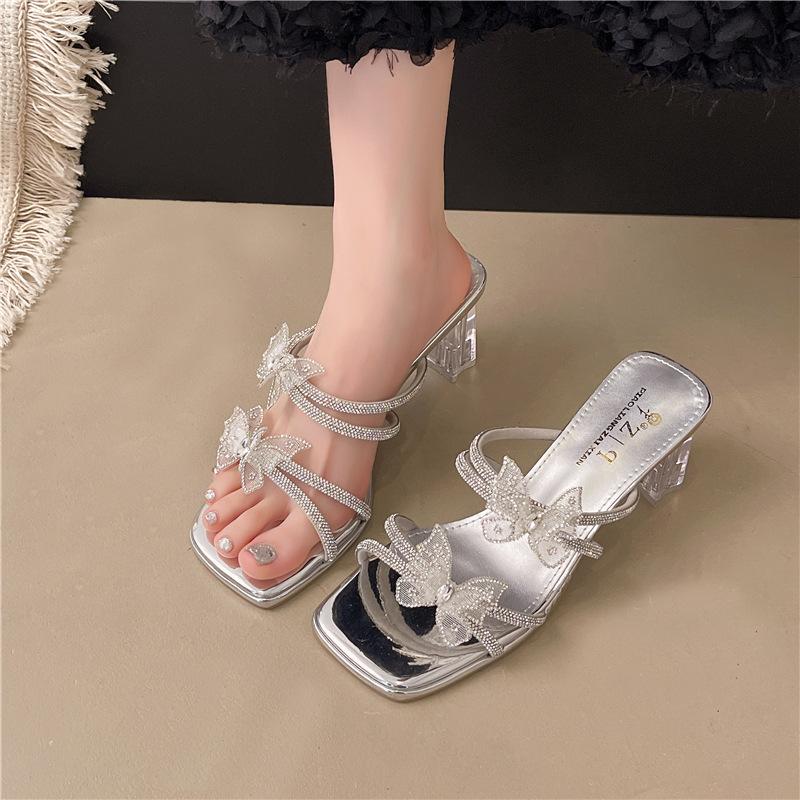 Fairy Style Fashion Rhinestone Bow Slippers Female Summer Wear Thick Heel Sandals 2025 New Comfortable Women's Shoes